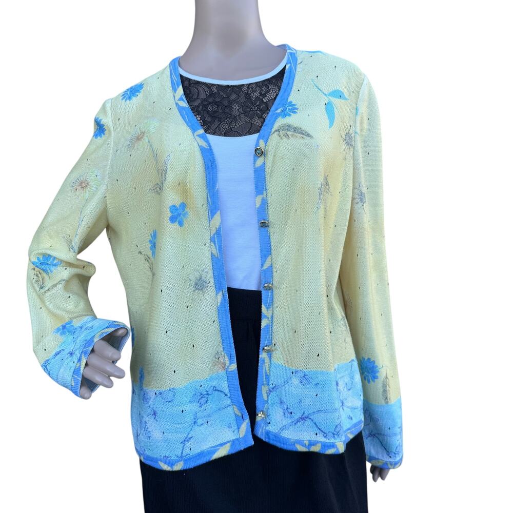 St. John Sport Floral Pointelle Knit Cardigan Yellow Blue Spring 2005 Large